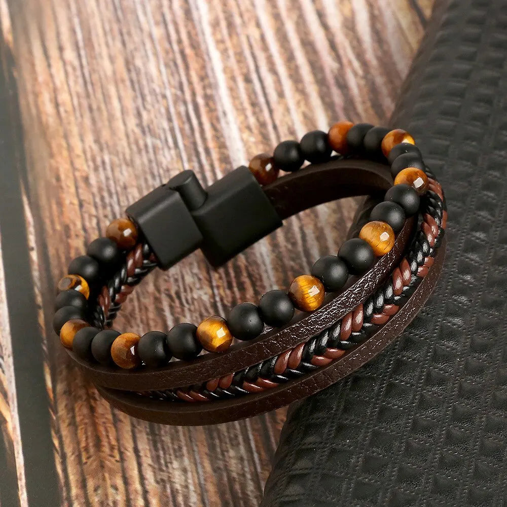 Pulseira Masculina de Couro com Olho de Tigre - Dom Athos